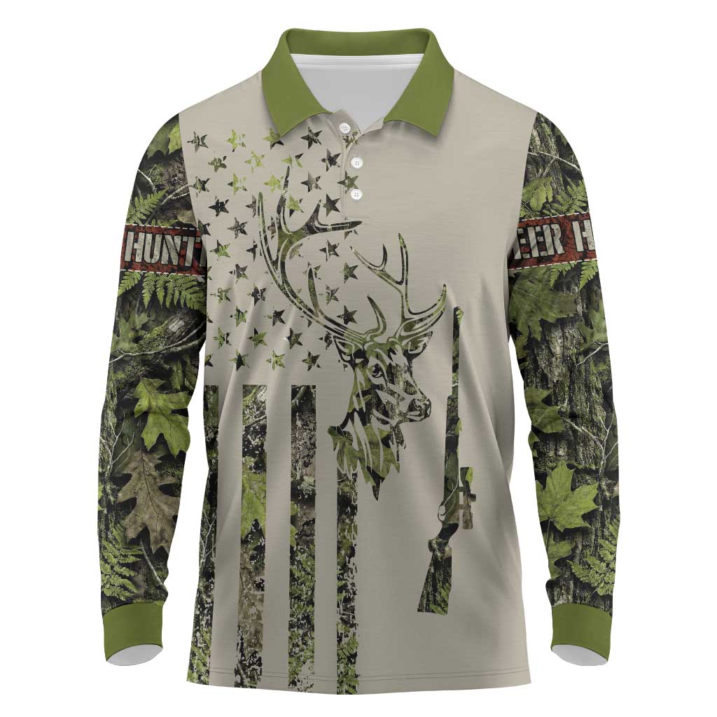 Deer Skull Camouflage Long Sleeve Polo Shirt American Hunting Culture in Forest Green and Earth Tones