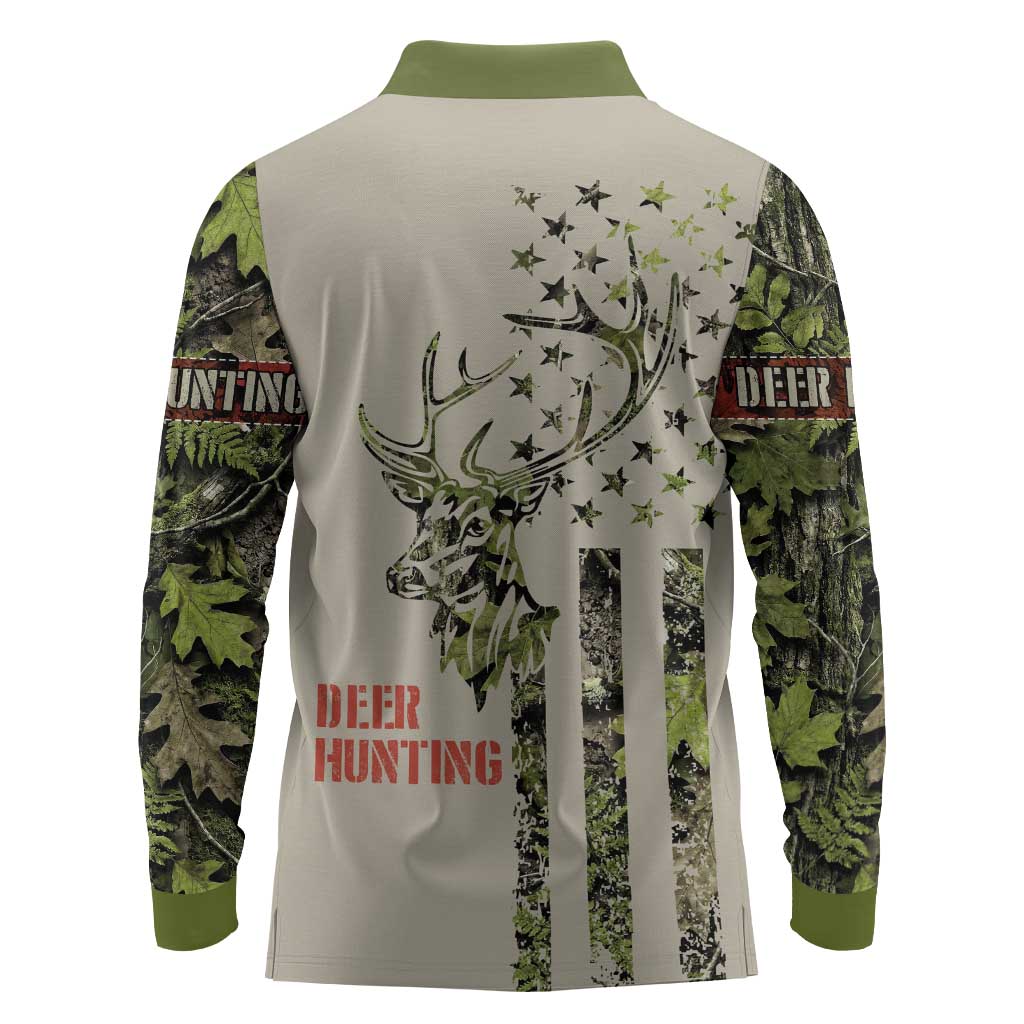 Deer Skull Camouflage Long Sleeve Polo Shirt American Hunting Culture in Forest Green and Earth Tones