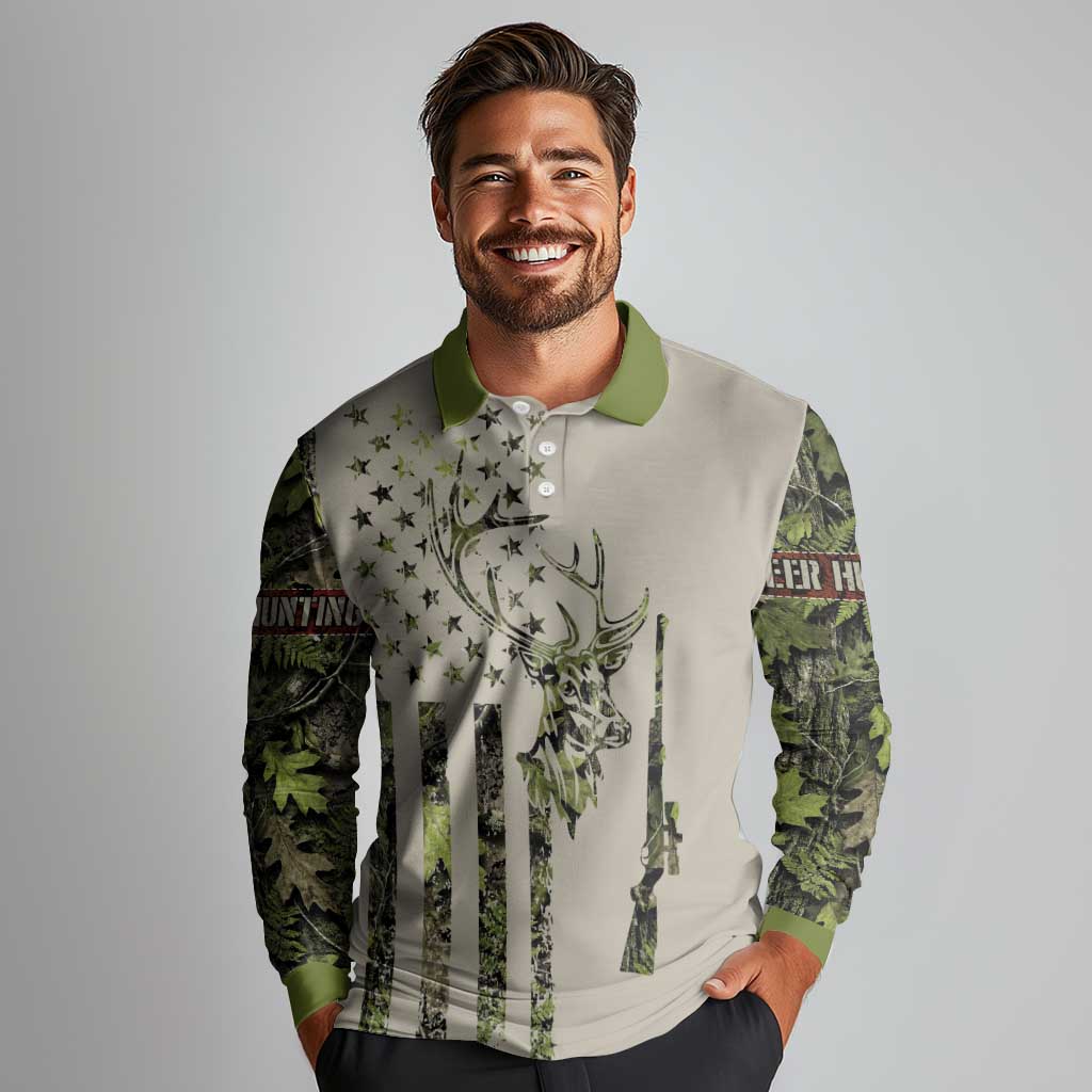 Deer Skull Camouflage Long Sleeve Polo Shirt American Hunting Culture in Forest Green and Earth Tones