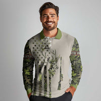 Deer Skull Camouflage Long Sleeve Polo Shirt American Hunting Culture in Forest Green and Earth Tones