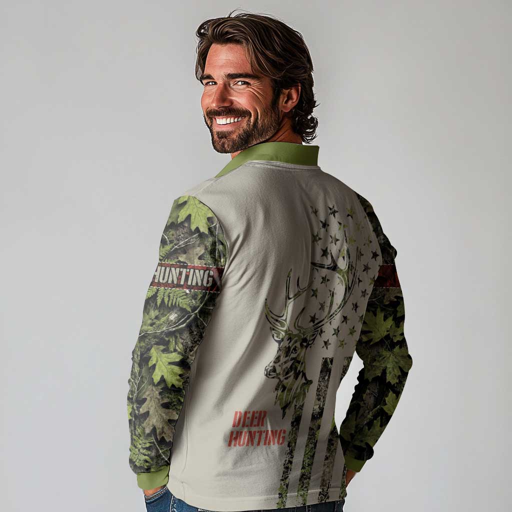 Deer Skull Camouflage Long Sleeve Polo Shirt American Hunting Culture in Forest Green and Earth Tones