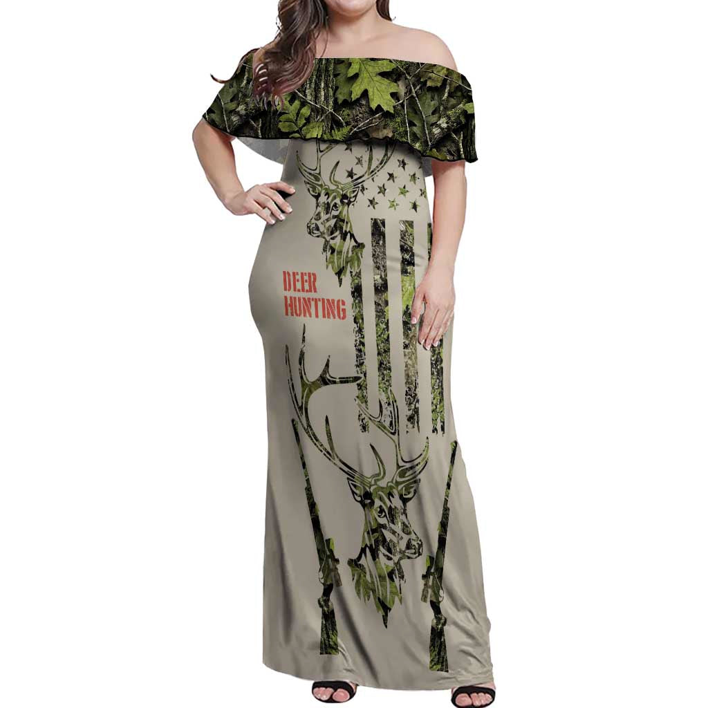 Deer Skull Camouflage Off Shoulder Maxi Dress American Hunting Culture in Forest Green and Earth Tones