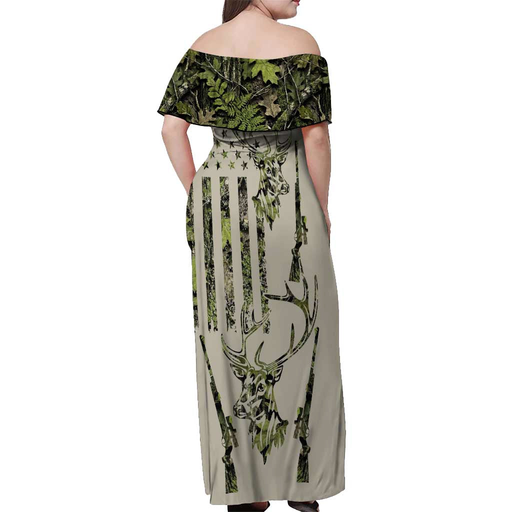 Deer Skull Camouflage Off Shoulder Maxi Dress American Hunting Culture in Forest Green and Earth Tones
