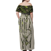 Deer Skull Camouflage Off Shoulder Maxi Dress American Hunting Culture in Forest Green and Earth Tones