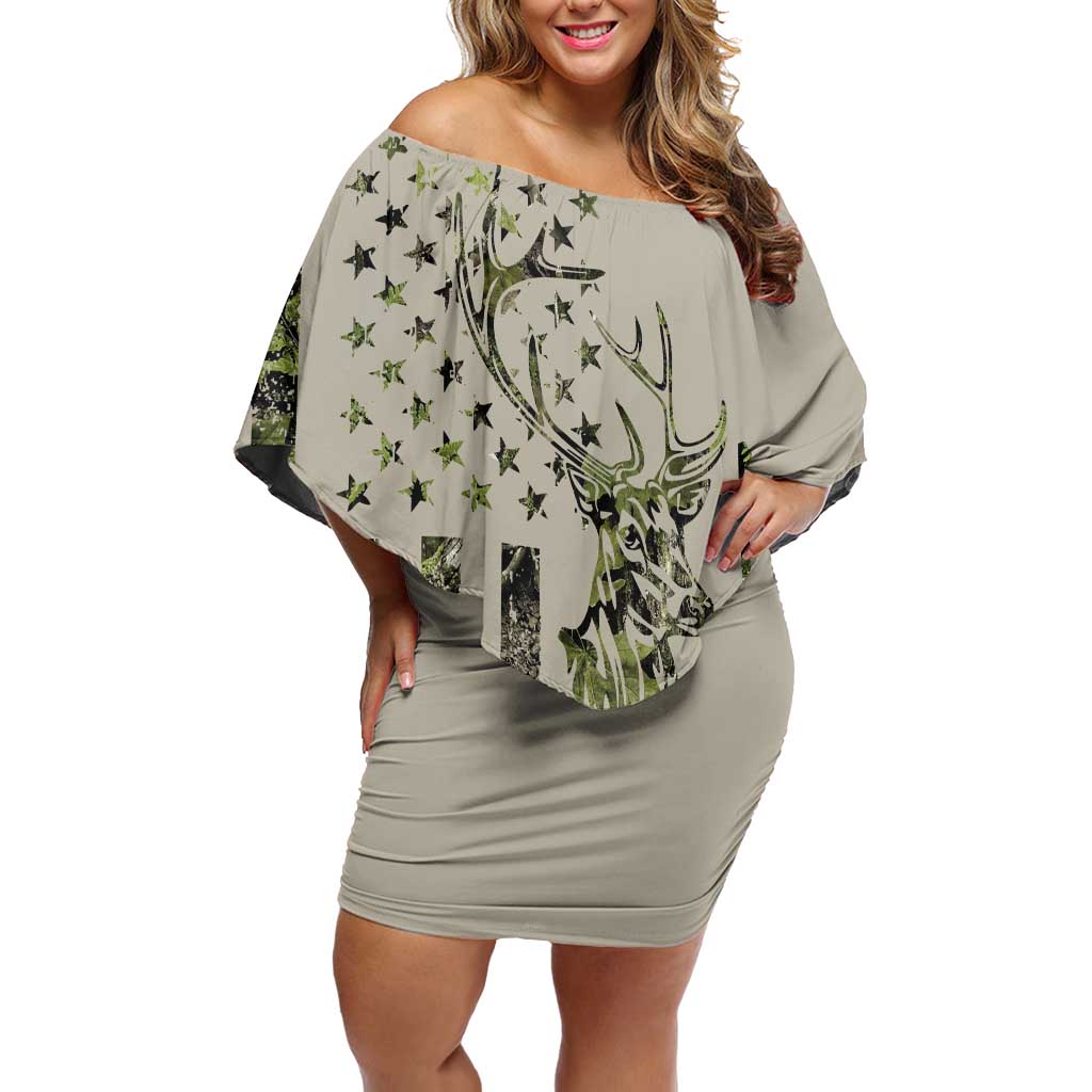 Deer Skull Camouflage Off Shoulder Short Dress American Hunting Culture in Forest Green and Earth Tones