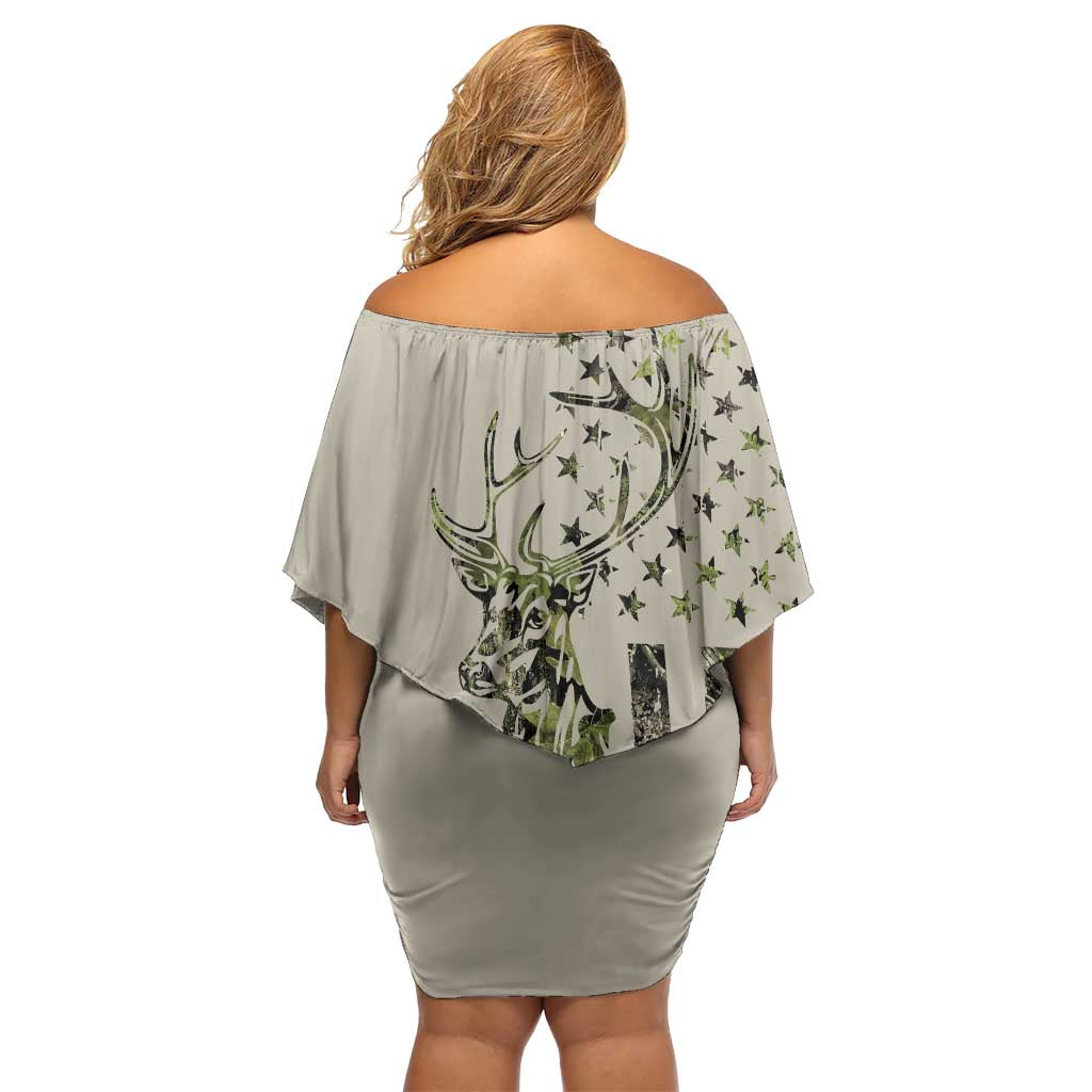 Deer Skull Camouflage Off Shoulder Short Dress American Hunting Culture in Forest Green and Earth Tones