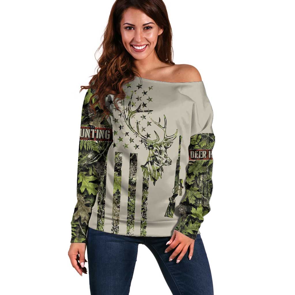 Deer Skull Camouflage Off Shoulder Sweater American Hunting Culture in Forest Green and Earth Tones