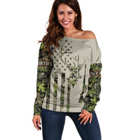 Deer Skull Camouflage Off Shoulder Sweater American Hunting Culture in Forest Green and Earth Tones