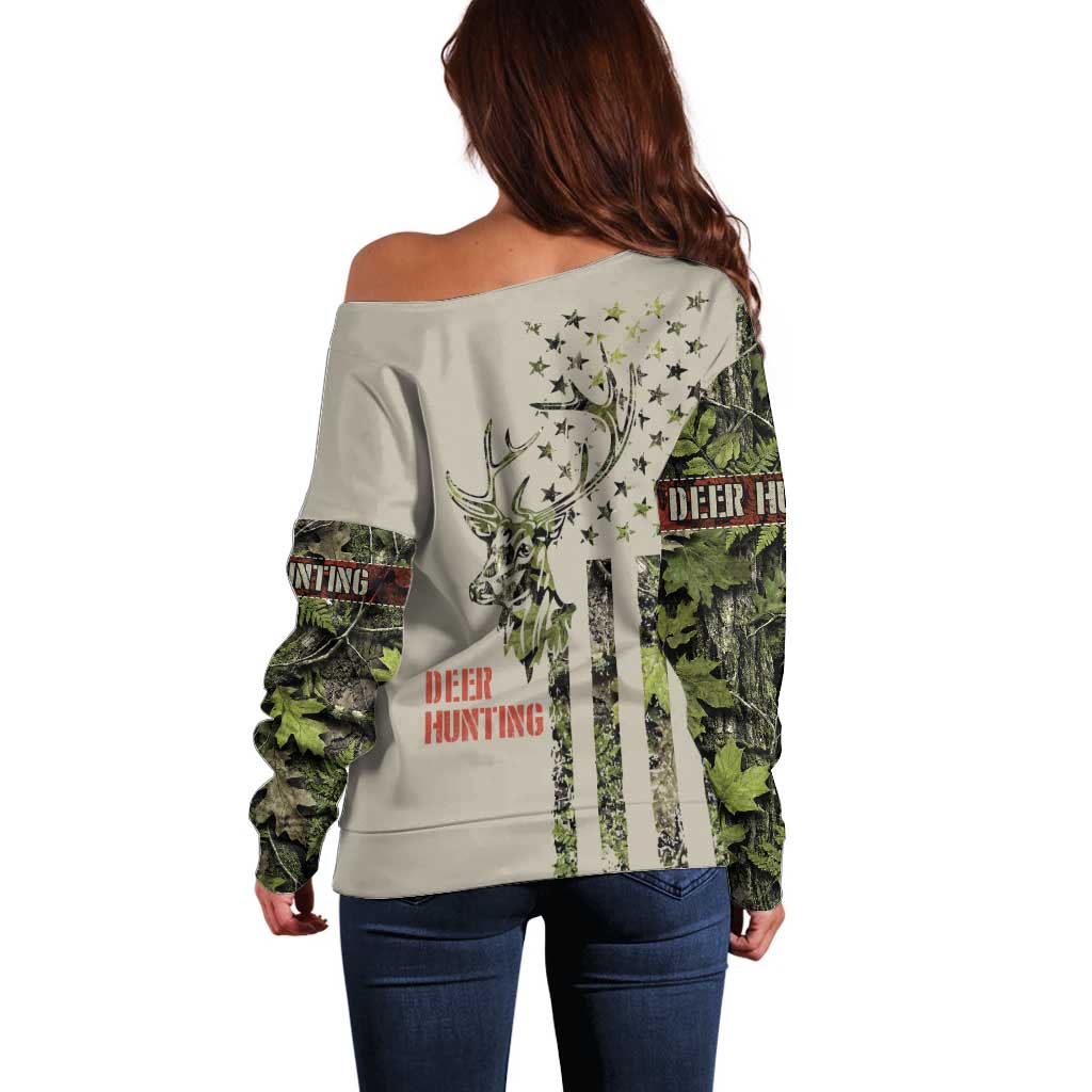 Deer Skull Camouflage Off Shoulder Sweater American Hunting Culture in Forest Green and Earth Tones