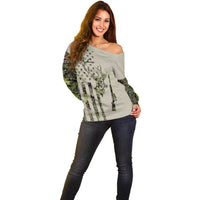 Deer Skull Camouflage Off Shoulder Sweater American Hunting Culture in Forest Green and Earth Tones