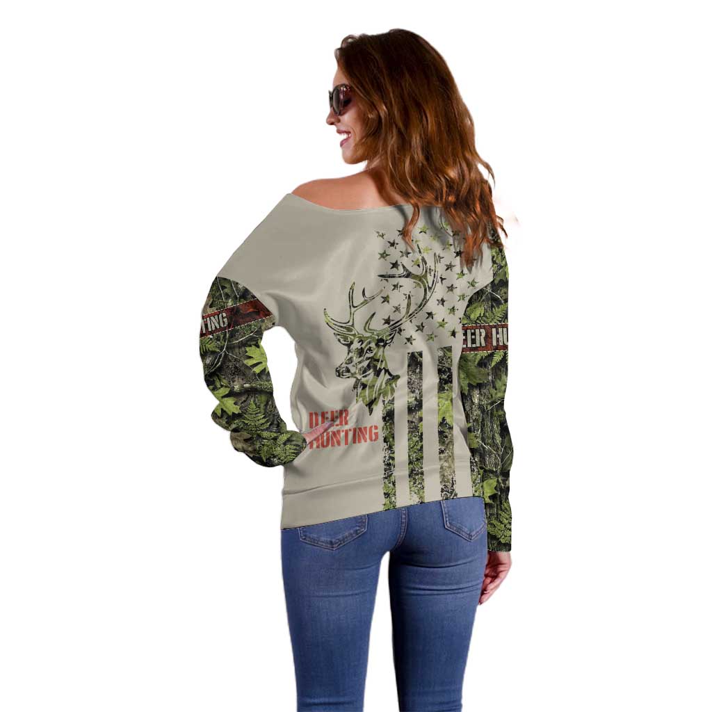 Deer Skull Camouflage Off Shoulder Sweater American Hunting Culture in Forest Green and Earth Tones