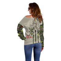 Deer Skull Camouflage Off Shoulder Sweater American Hunting Culture in Forest Green and Earth Tones