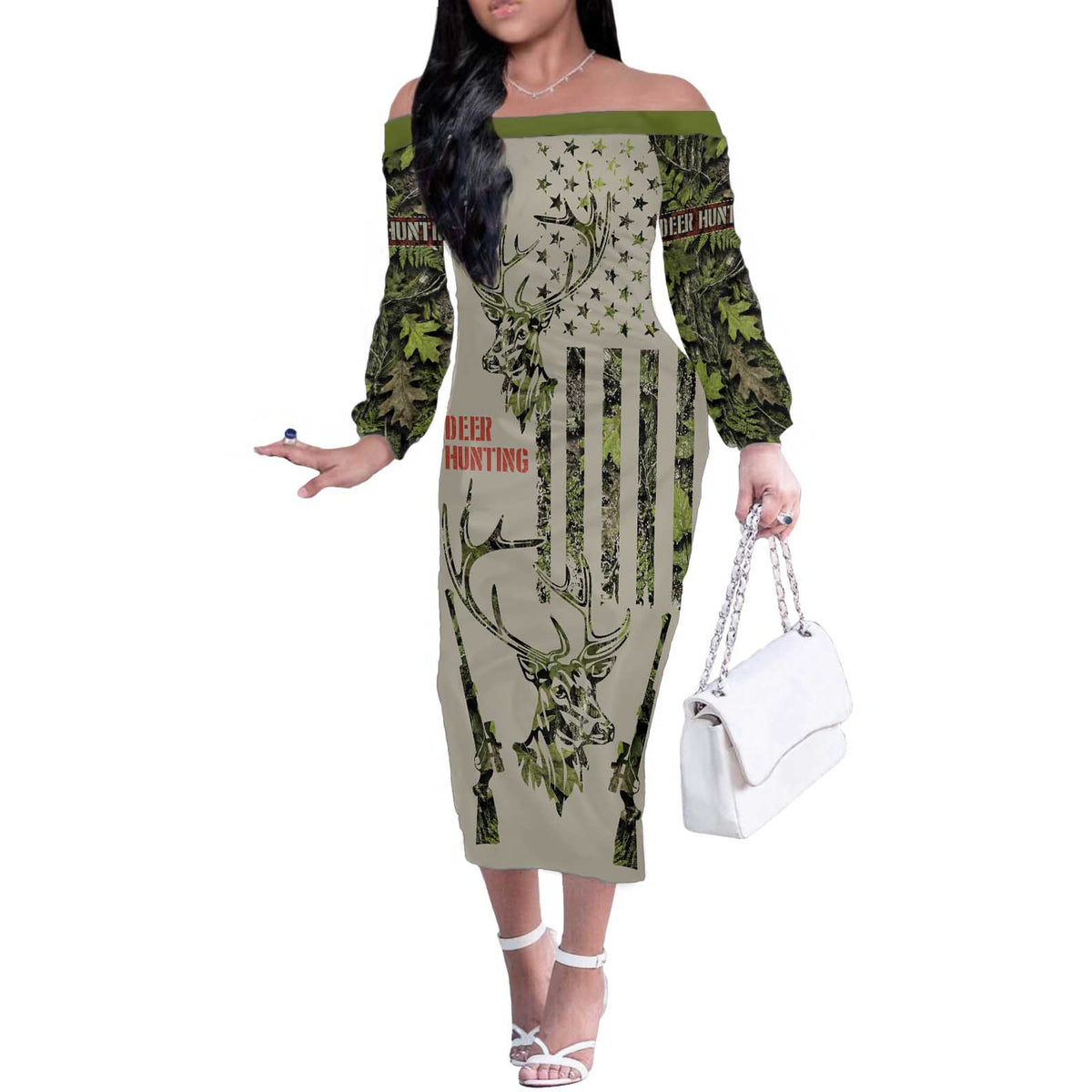 Deer Skull Camouflage Off The Shoulder Long Sleeve Dress American Hunting Culture in Forest Green and Earth Tones