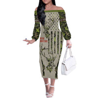 Deer Skull Camouflage Off The Shoulder Long Sleeve Dress American Hunting Culture in Forest Green and Earth Tones