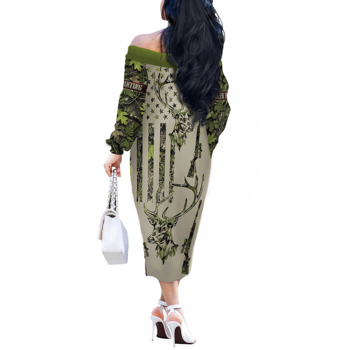 Deer Skull Camouflage Off The Shoulder Long Sleeve Dress American Hunting Culture in Forest Green and Earth Tones