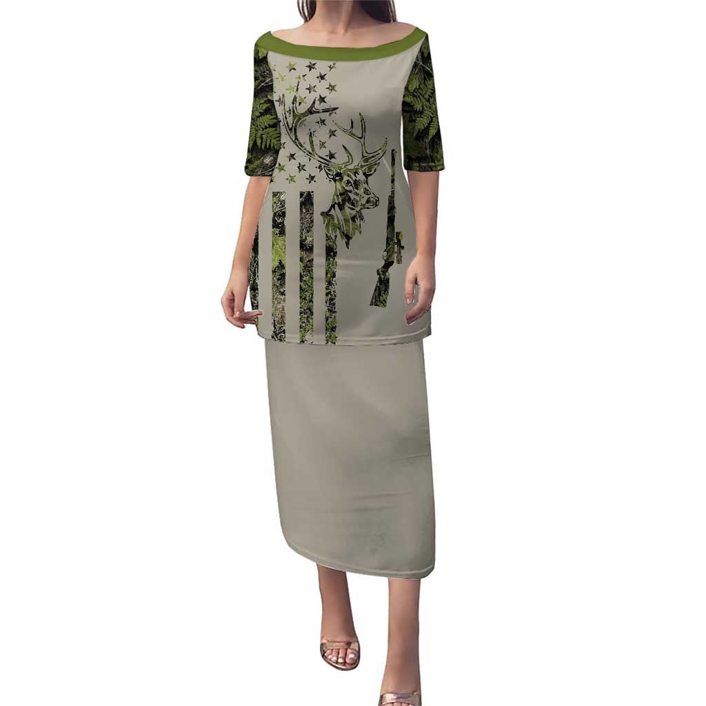 Deer Skull Camouflage Puletasi American Hunting Culture in Forest Green and Earth Tones