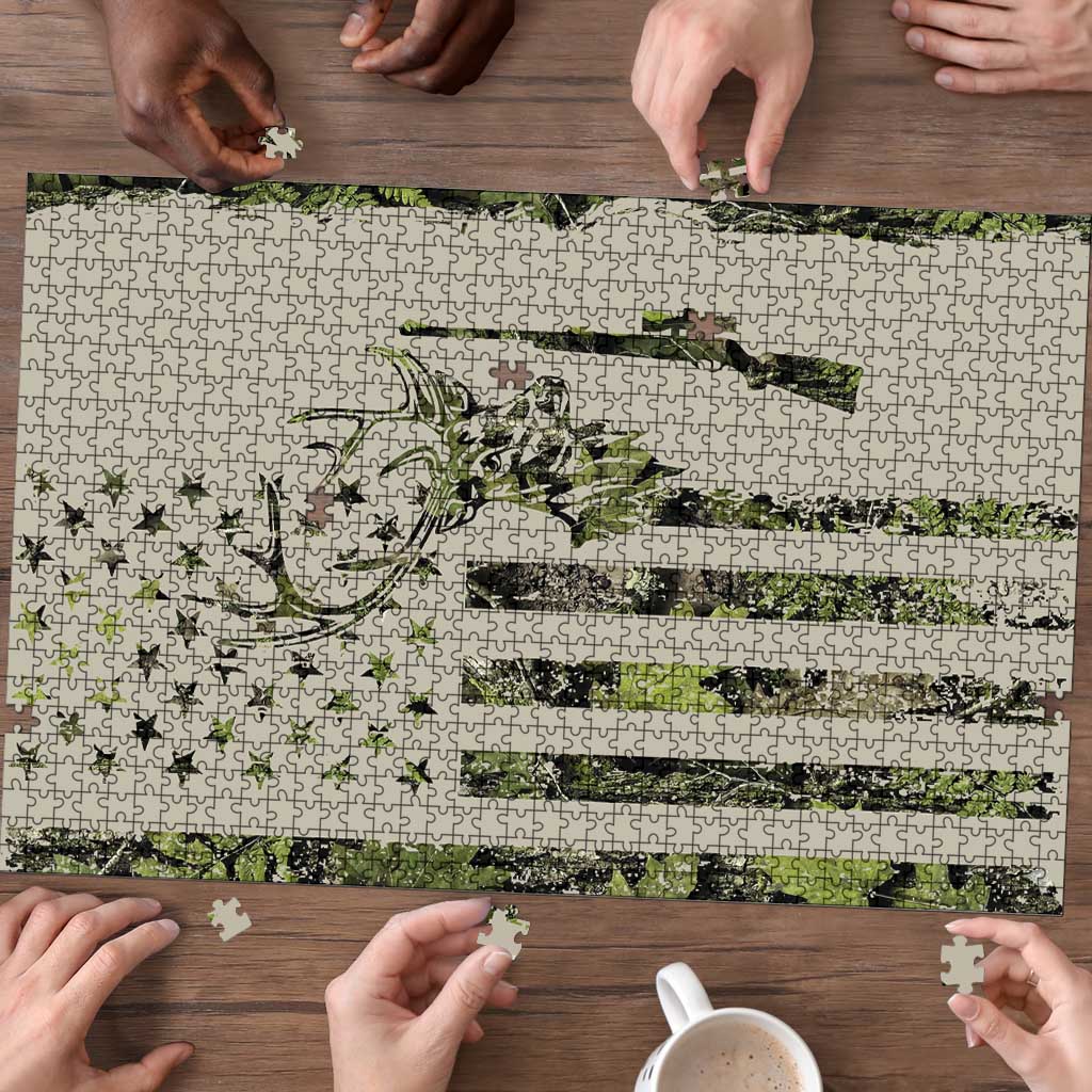 Deer Skull Camouflage Puzzle American Hunting Culture in Forest Green and Earth Tones
