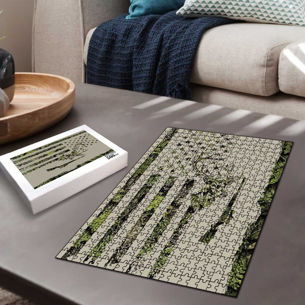 Deer Skull Camouflage Puzzle American Hunting Culture in Forest Green and Earth Tones