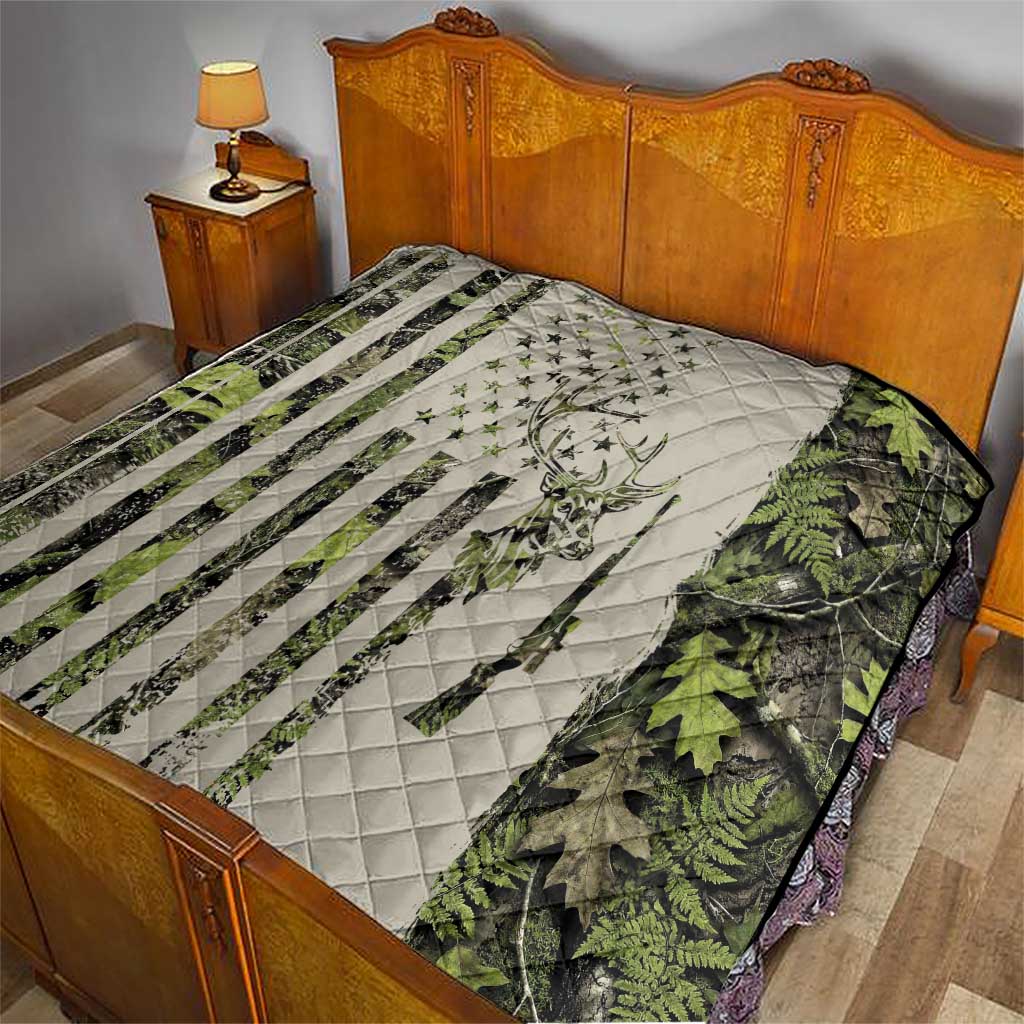 Deer Skull Camouflage Quilt American Hunting Culture in Forest Green and Earth Tones