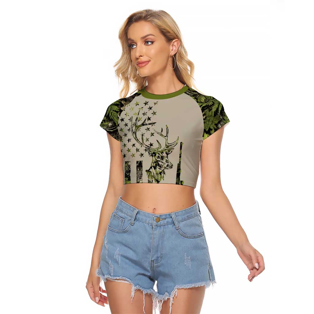 Deer Skull Camouflage Raglan Cropped T Shirt American Hunting Culture in Forest Green and Earth Tones