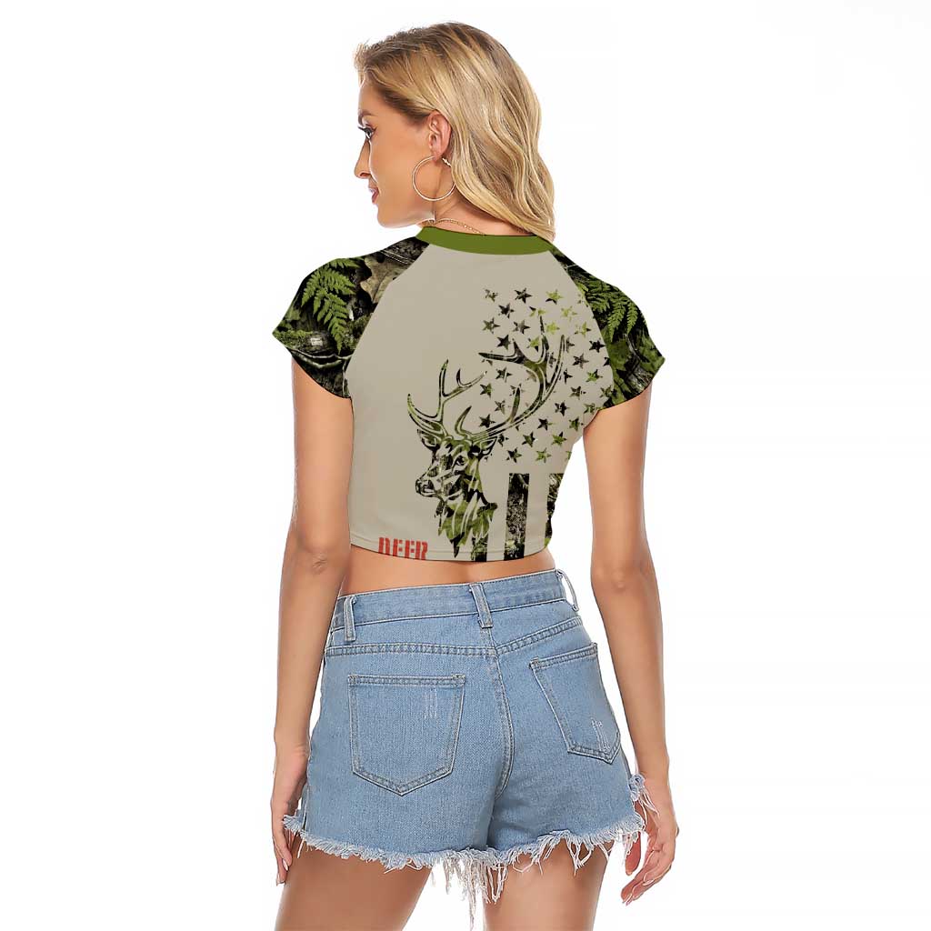Deer Skull Camouflage Raglan Cropped T Shirt American Hunting Culture in Forest Green and Earth Tones