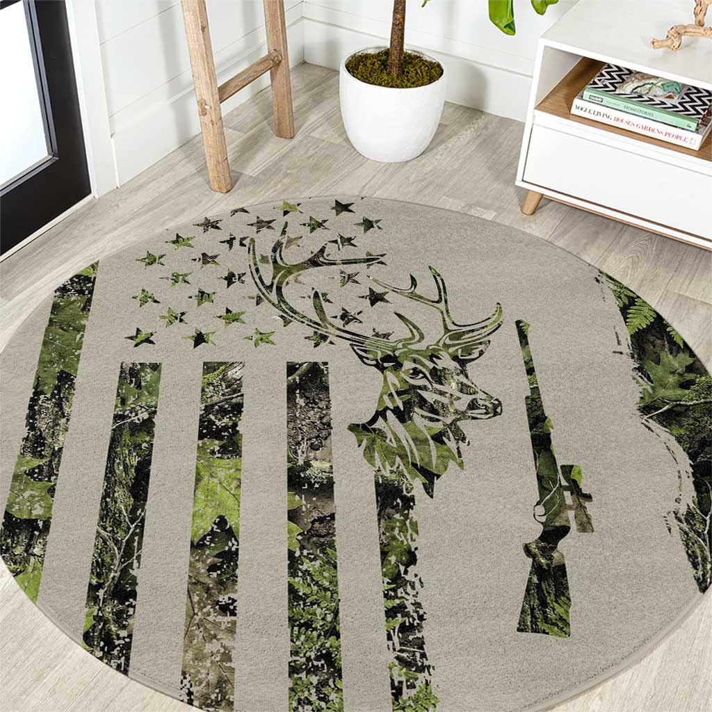 Deer Skull Camouflage Round Carpet American Hunting Culture in Forest Green and Earth Tones