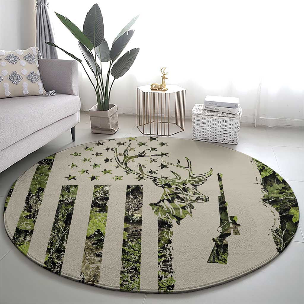 Deer Skull Camouflage Round Carpet American Hunting Culture in Forest Green and Earth Tones