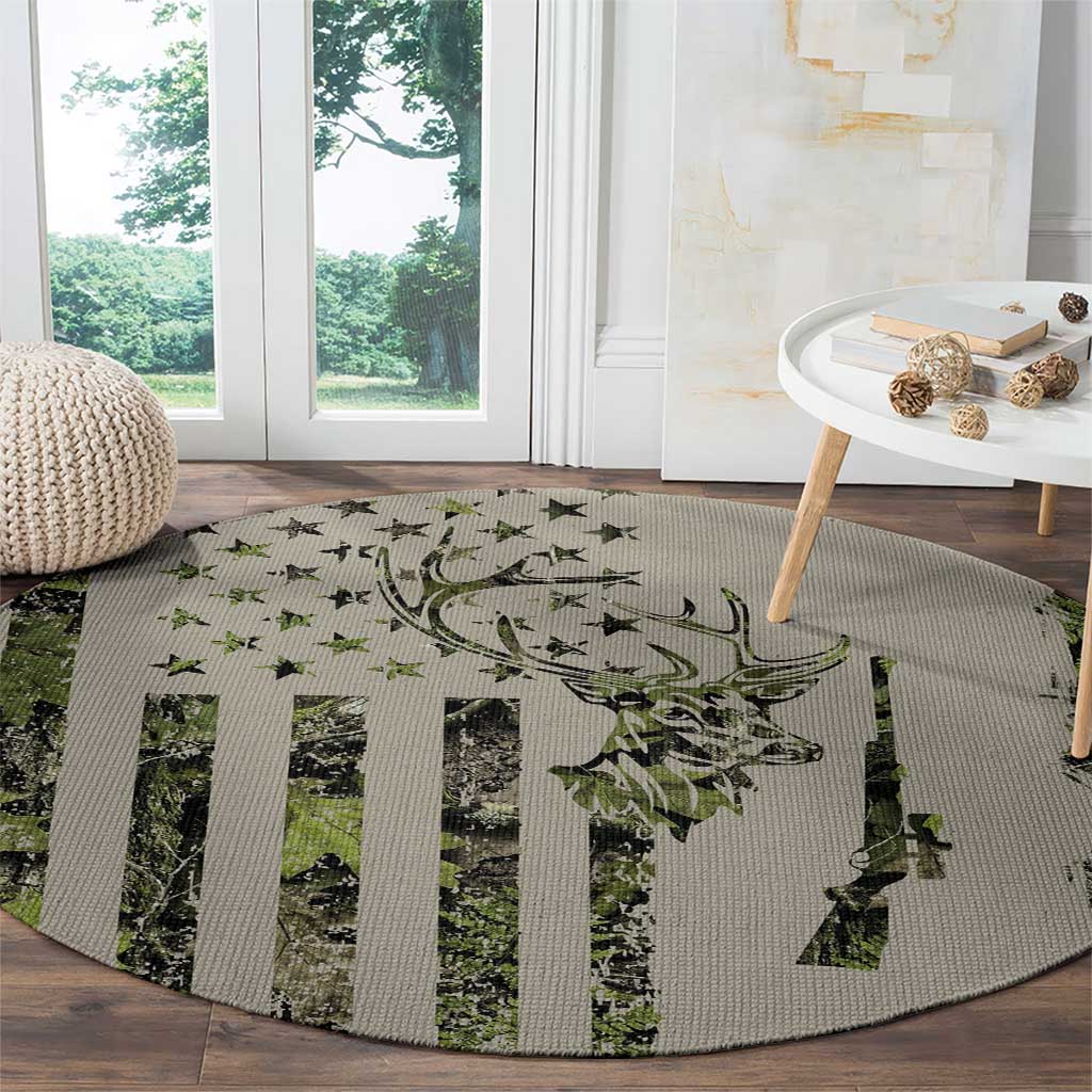 Deer Skull Camouflage Round Carpet American Hunting Culture in Forest Green and Earth Tones