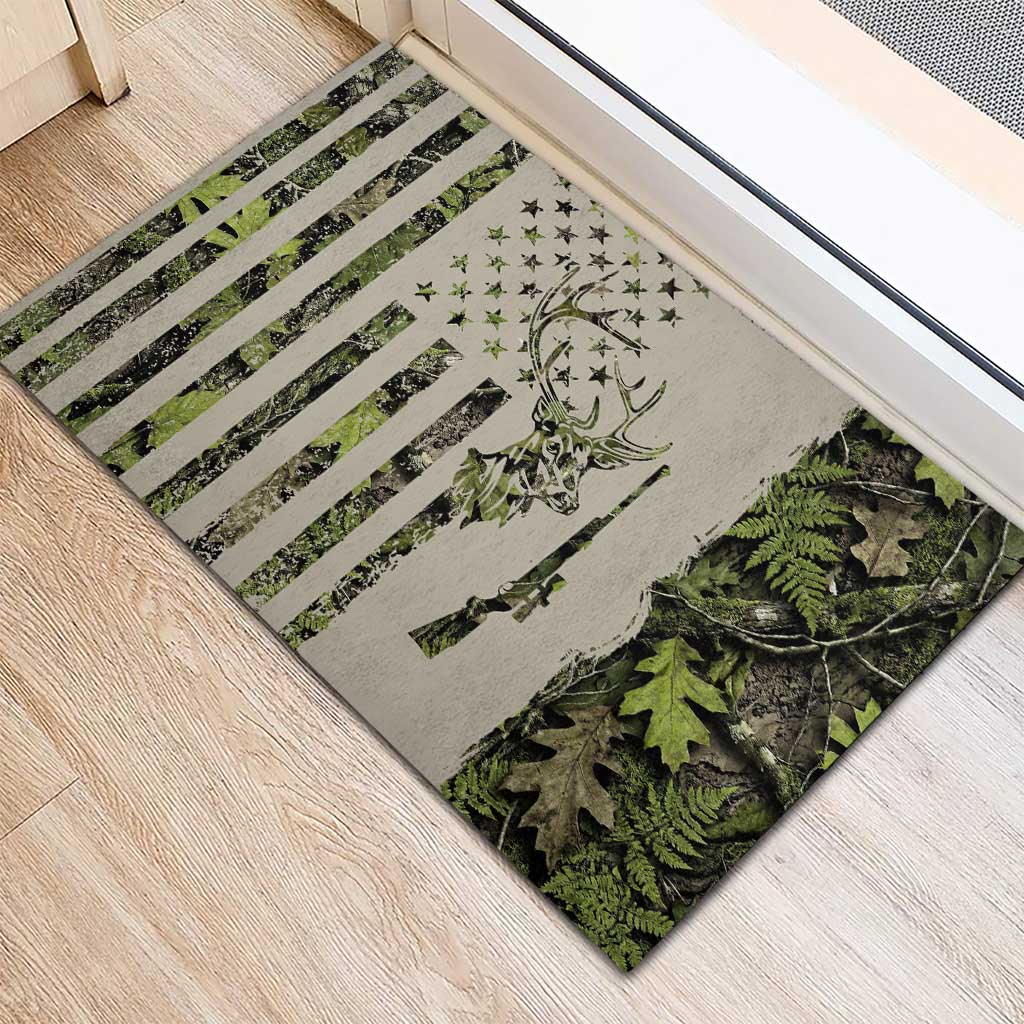 Deer Skull Camouflage Rubber Doormat American Hunting Culture in Forest Green and Earth Tones