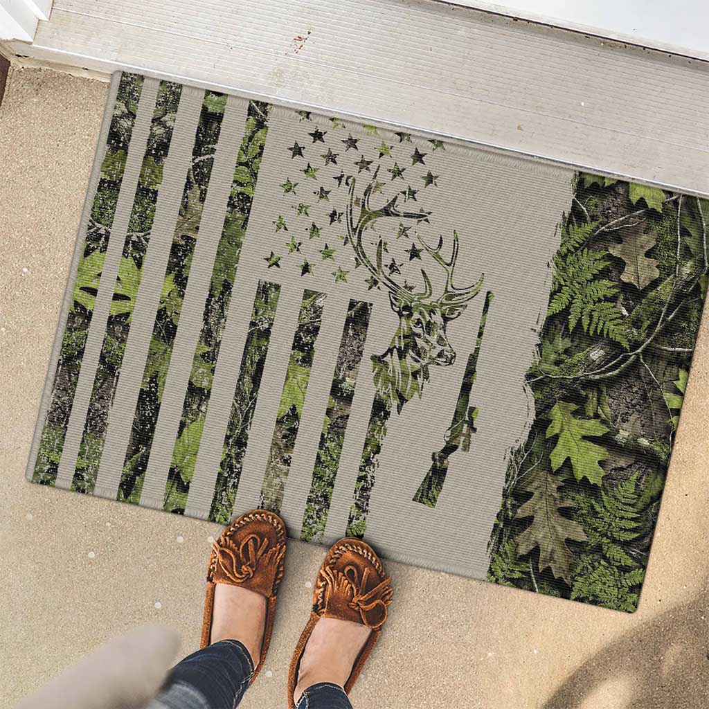 Deer Skull Camouflage Rubber Doormat American Hunting Culture in Forest Green and Earth Tones