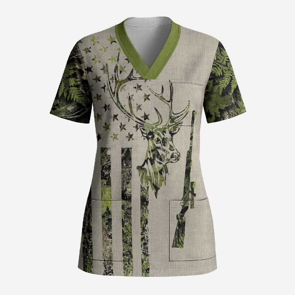 Deer Skull Camouflage Scrub Top American Hunting Culture in Forest Green and Earth Tones