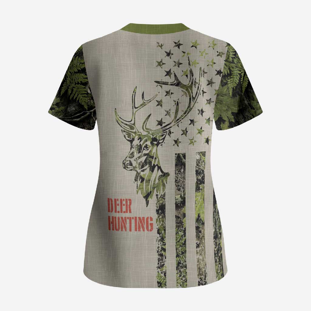 Deer Skull Camouflage Scrub Top American Hunting Culture in Forest Green and Earth Tones