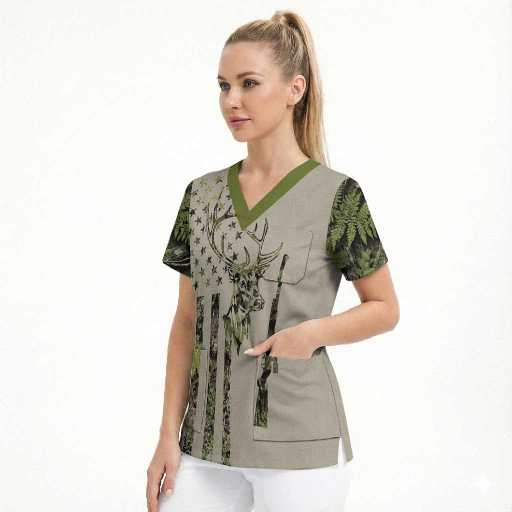 Deer Skull Camouflage Scrub Top American Hunting Culture in Forest Green and Earth Tones