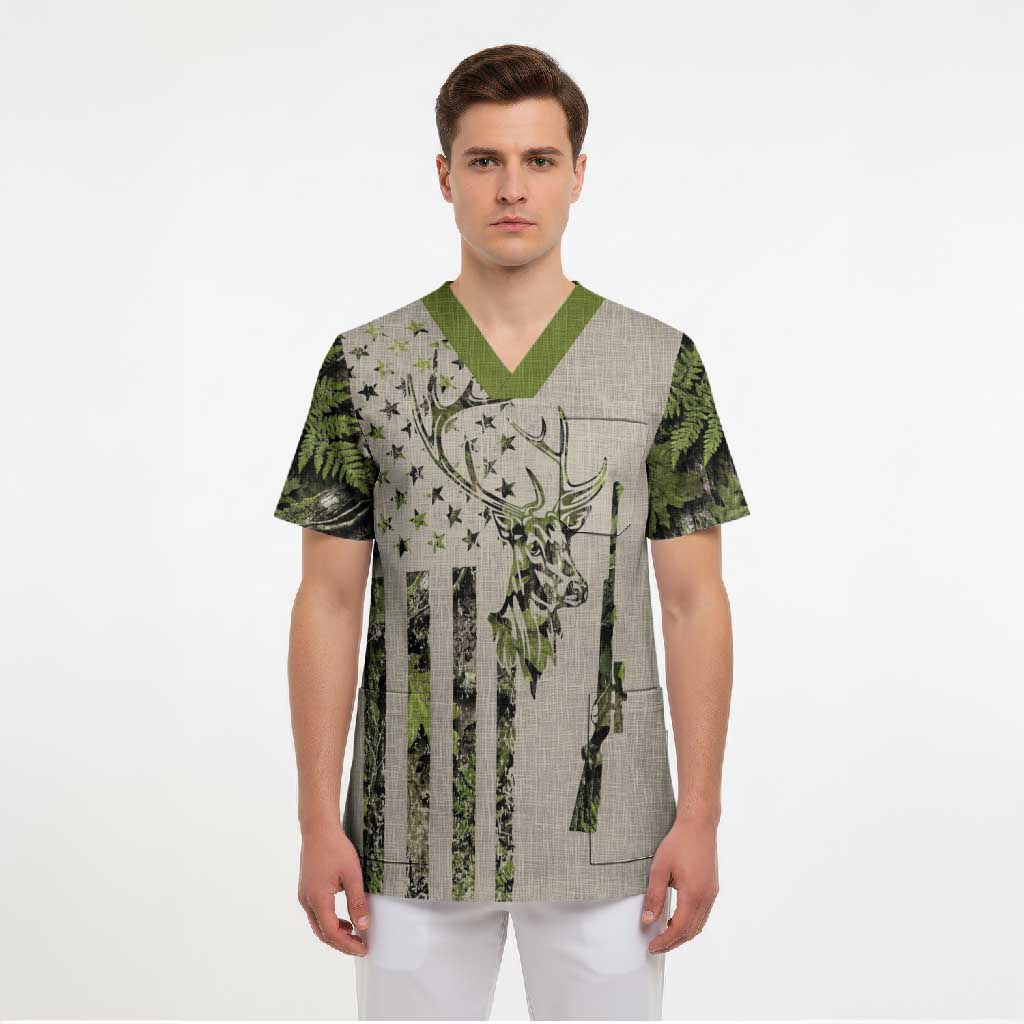 Deer Skull Camouflage Scrub Top American Hunting Culture in Forest Green and Earth Tones