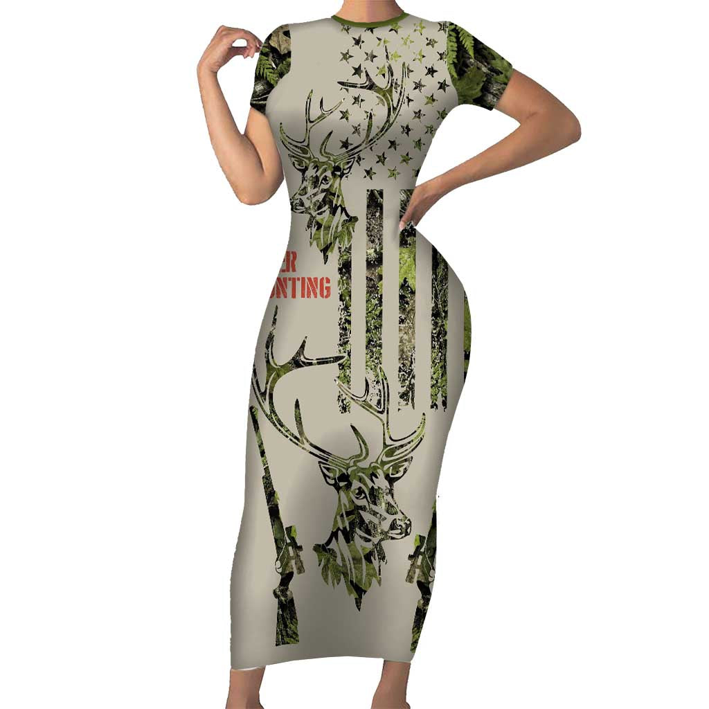 Deer Skull Camouflage Short Sleeve Bodycon Dress American Hunting Culture in Forest Green and Earth Tones