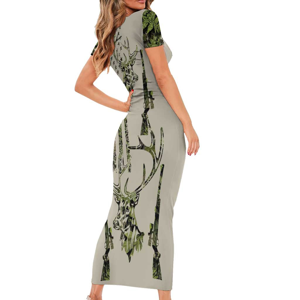 Deer Skull Camouflage Short Sleeve Bodycon Dress American Hunting Culture in Forest Green and Earth Tones