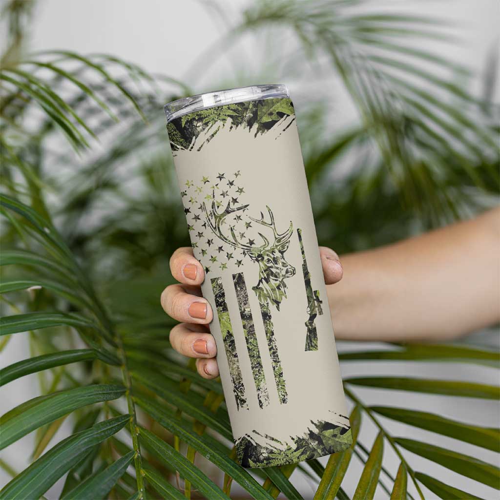 Deer Skull Camouflage Skinny Tumbler American Hunting Culture in Forest Green and Earth Tones