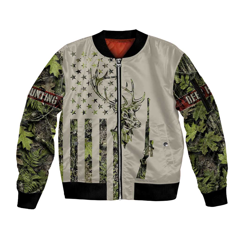 Deer Skull Camouflage Sleeve Zip Bomber Jacket American Hunting Culture in Forest Green and Earth Tones