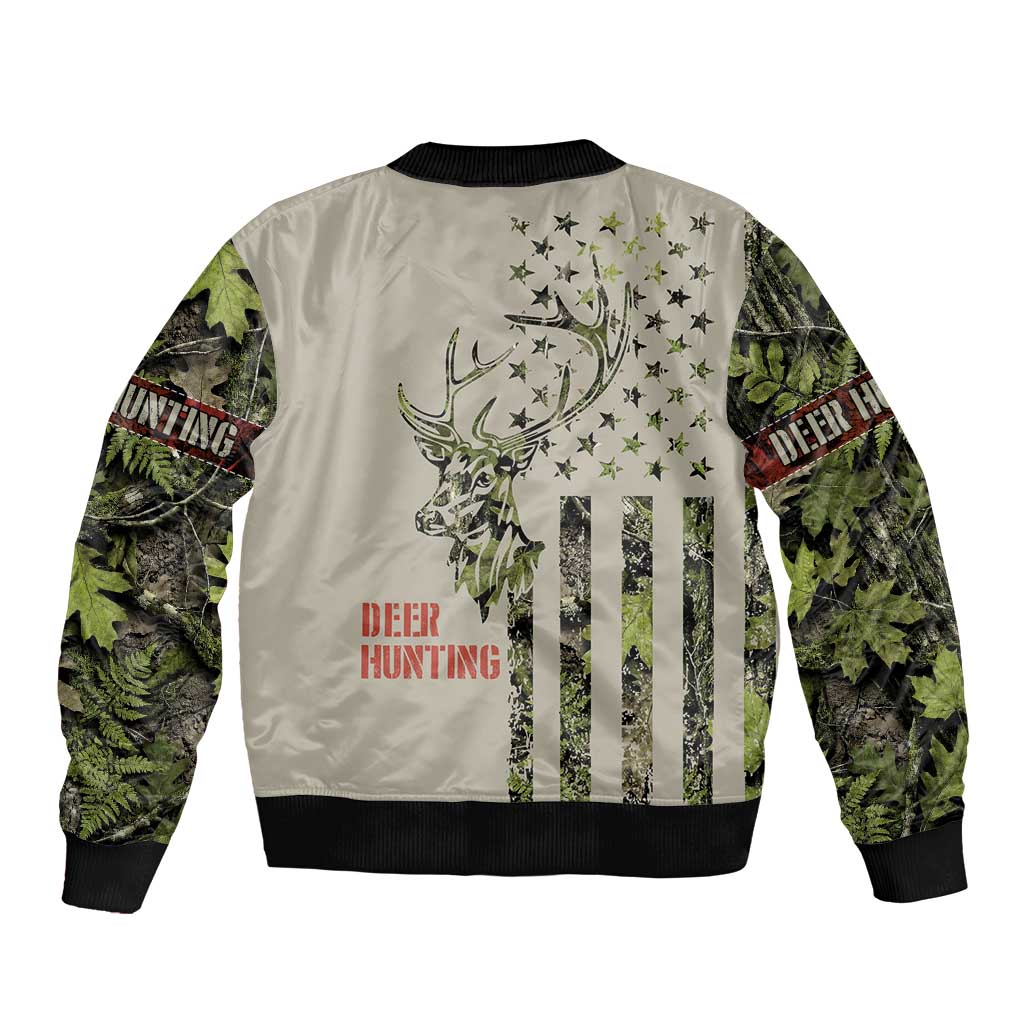 Deer Skull Camouflage Sleeve Zip Bomber Jacket American Hunting Culture in Forest Green and Earth Tones