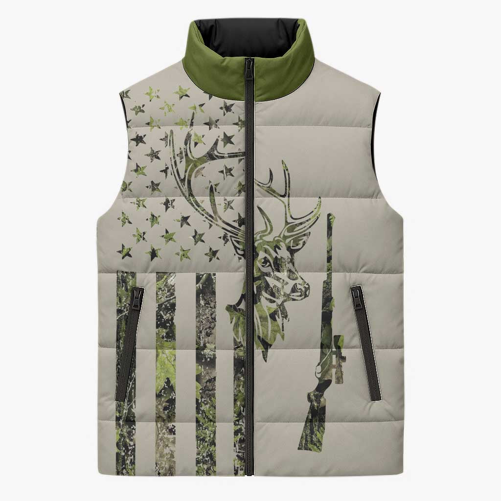 Deer Skull Camouflage Sleeveless Puffer Jacket American Hunting Culture in Forest Green and Earth Tones