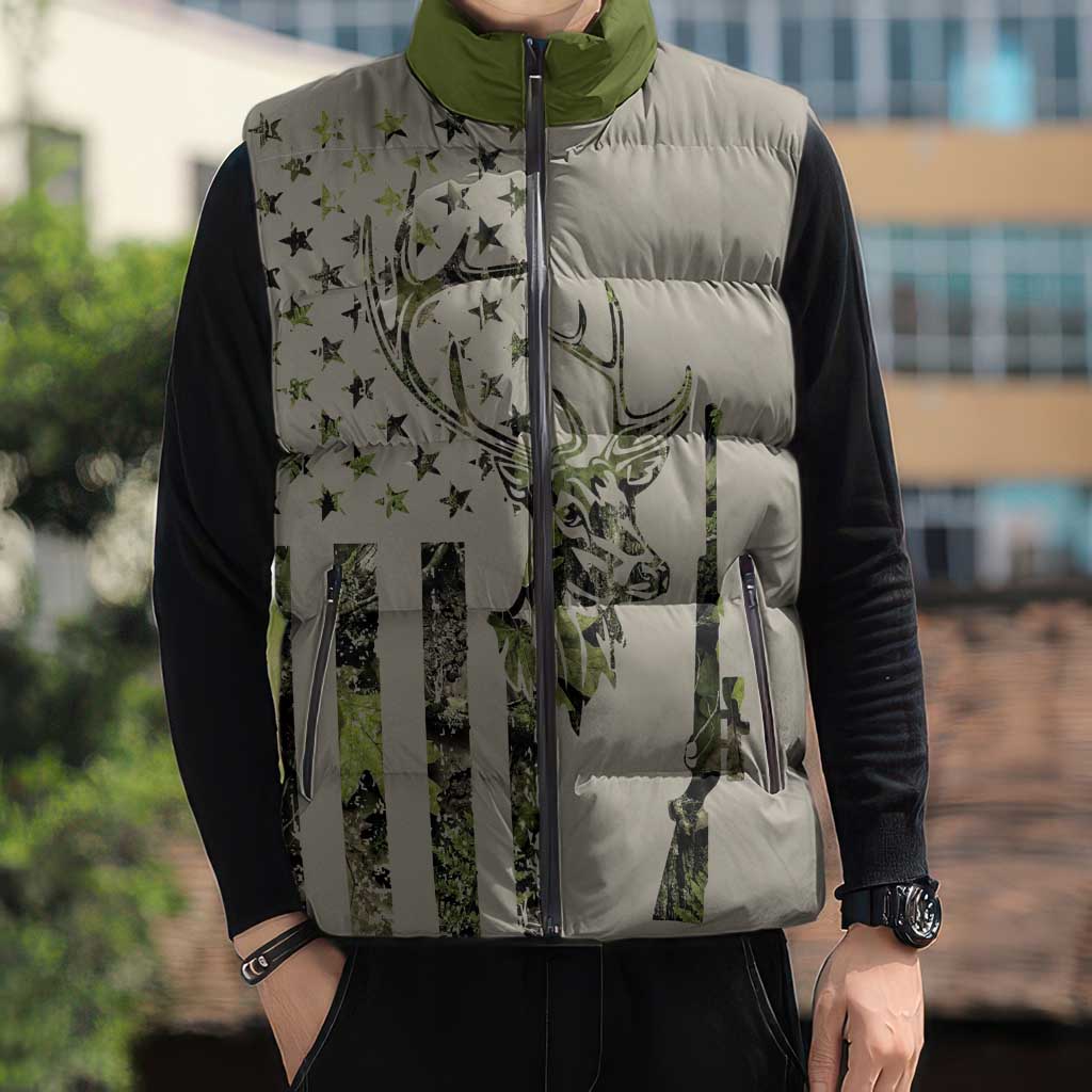 Deer Skull Camouflage Sleeveless Puffer Jacket American Hunting Culture in Forest Green and Earth Tones