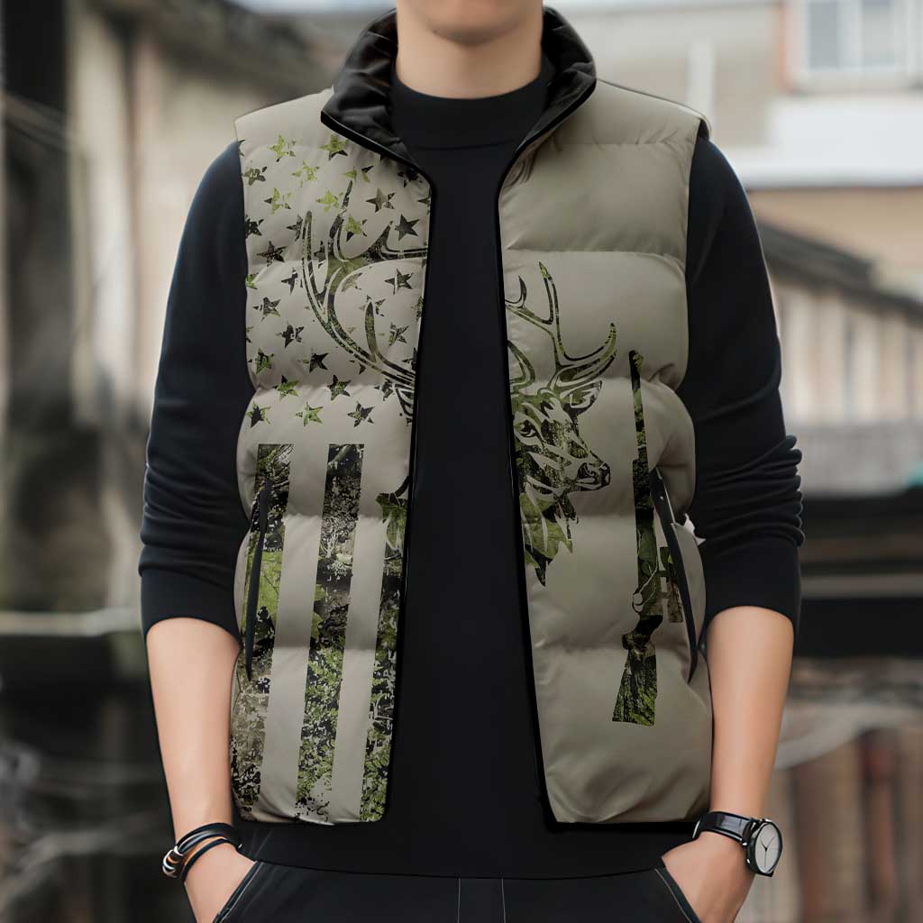 Deer Skull Camouflage Sleeveless Puffer Jacket American Hunting Culture in Forest Green and Earth Tones