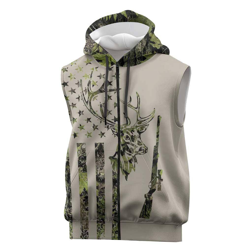 Deer Skull Camouflage Sleeveless Zip Hoodie American Hunting Culture in Forest Green and Earth Tones