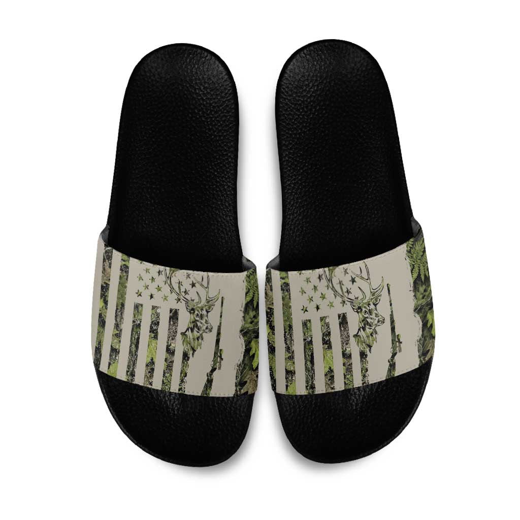 Deer Skull Camouflage Slide Sandals American Hunting Culture in Forest Green and Earth Tones