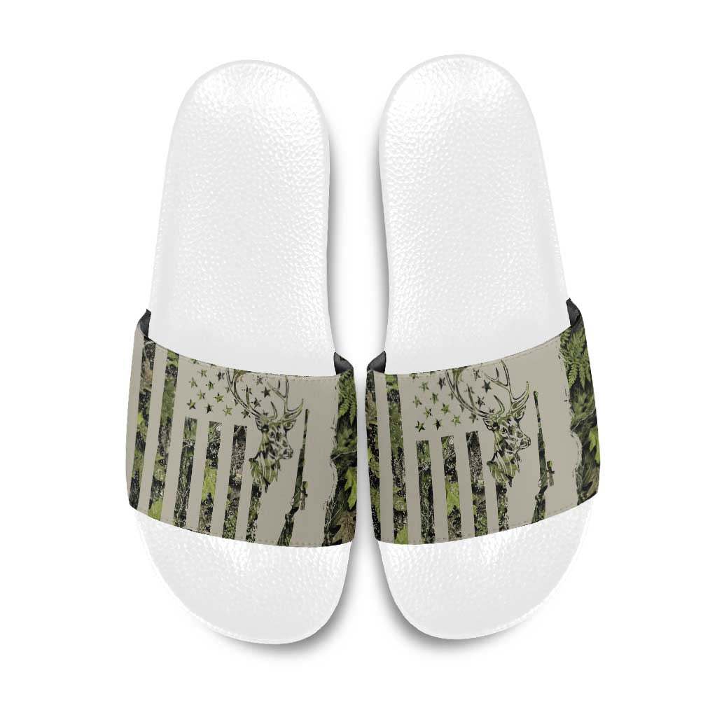 Deer Skull Camouflage Slide Sandals American Hunting Culture in Forest Green and Earth Tones