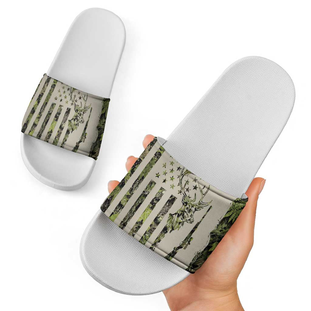 Deer Skull Camouflage Slide Sandals American Hunting Culture in Forest Green and Earth Tones