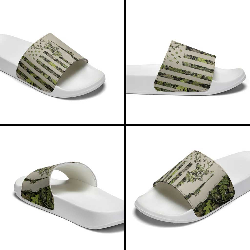 Deer Skull Camouflage Slide Sandals American Hunting Culture in Forest Green and Earth Tones