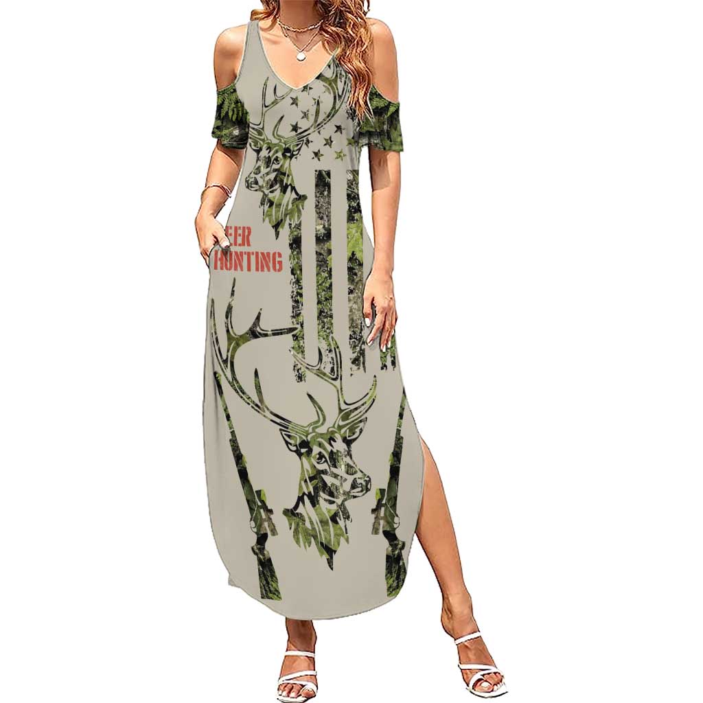 Deer Skull Camouflage Summer Maxi Dress American Hunting Culture in Forest Green and Earth Tones