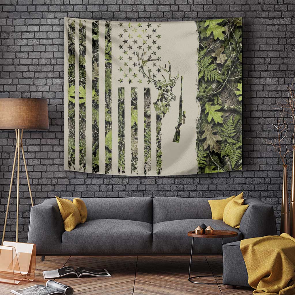 Deer Skull Camouflage Tapestry American Hunting Culture in Forest Green and Earth Tones
