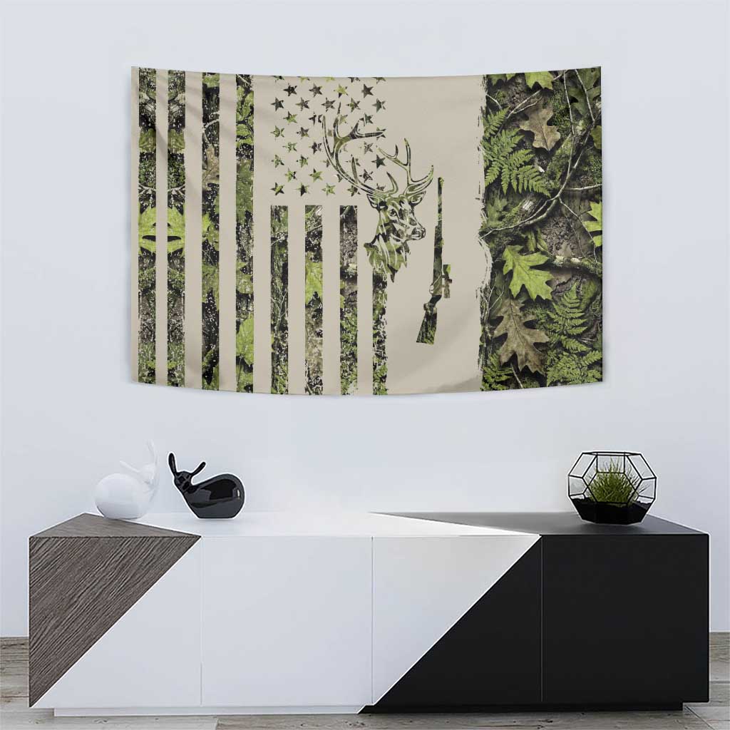 Deer Skull Camouflage Tapestry American Hunting Culture in Forest Green and Earth Tones